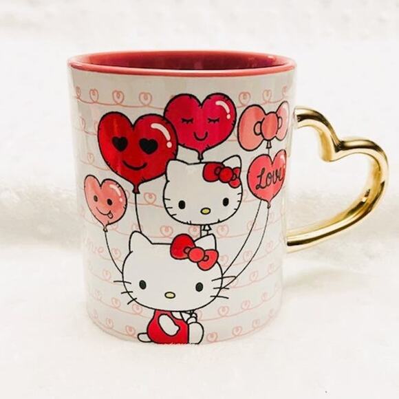 Hello Kitty Valentine Squiggle Hearts & Balloons 14oz Gold Handled Ceramic Mug - Picture 1 of 6